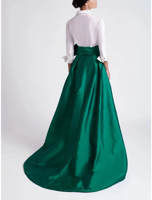 Luolandi A-Line Evening Gown Elegant Red Green Dress Formal Wedding Guest Sweep / Brush Train 3/4 Length Sleeve Shirt Collar Satin with Bow And Slit